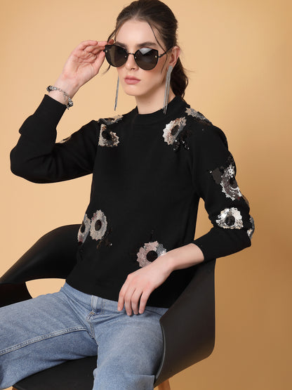 Mafadeny Women Winter Wear Black Embellished Detail Pullover