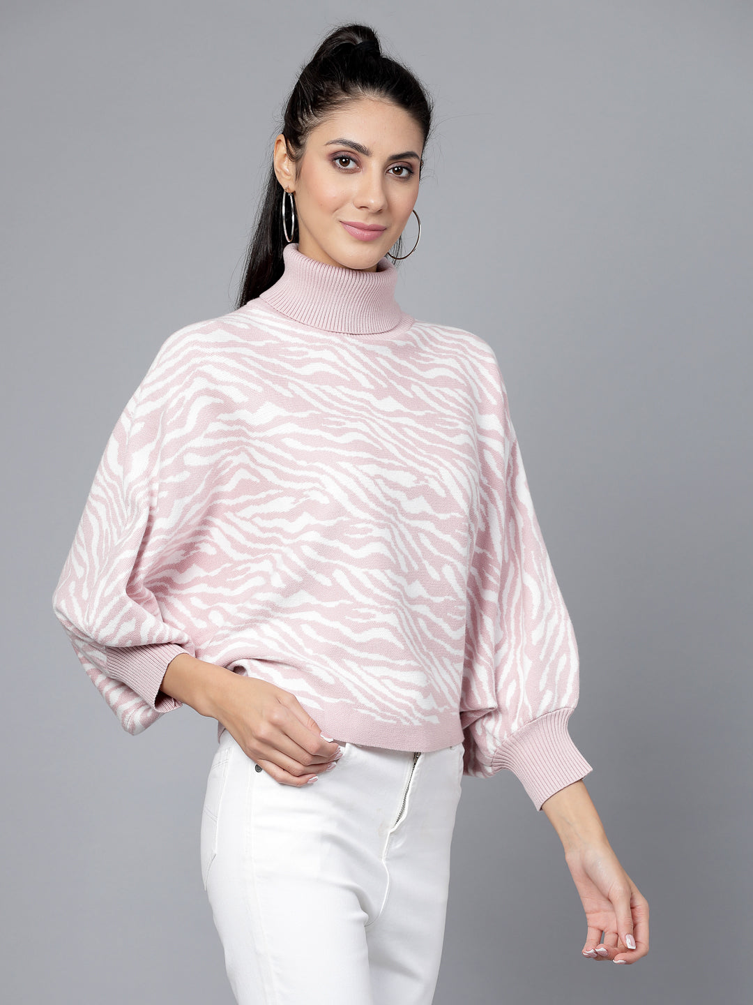 Mafadeny Women Winter Wear Peach & White Stylished Top