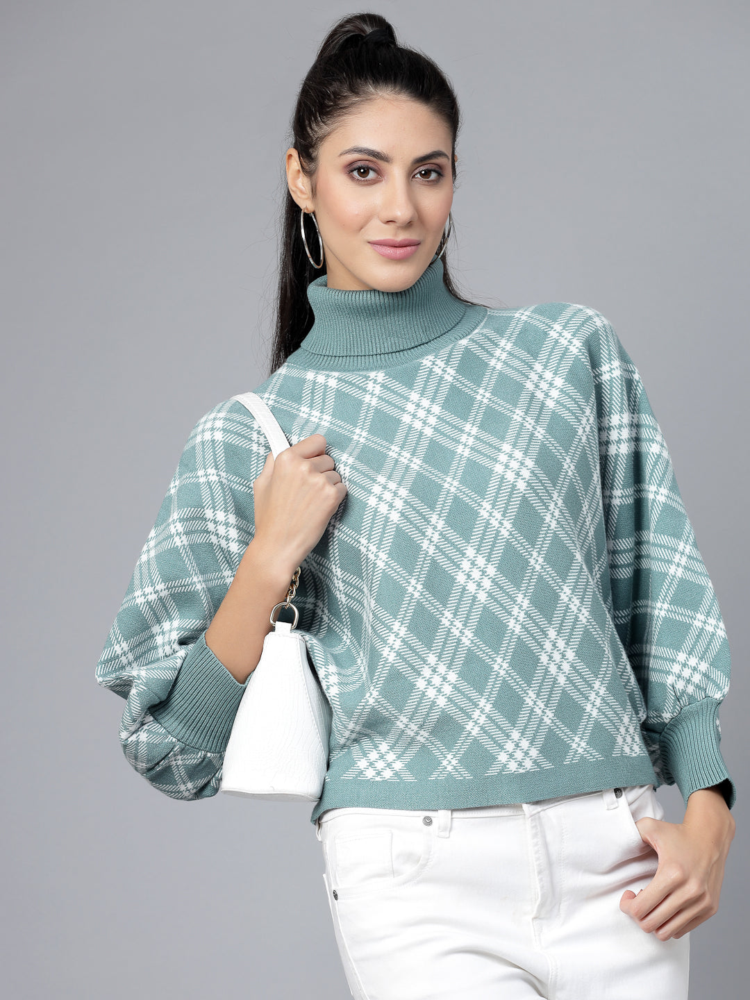 Mafadeny Women Winter Wear Green & White Stylished Top