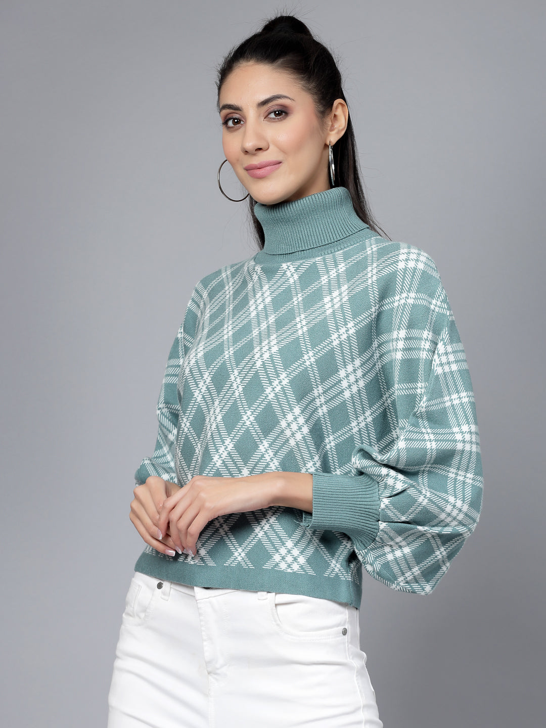 Mafadeny Women Winter Wear Green & White Stylished Top