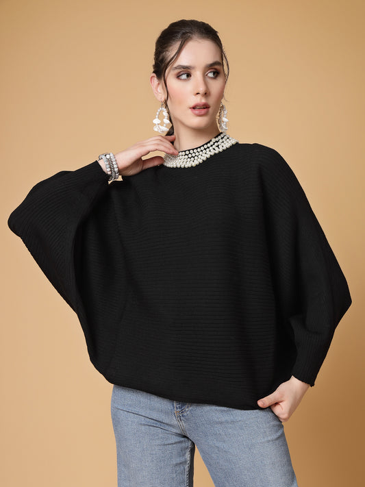 Mafadeny Women Winter Wear Black Pullover with Pearl Detail