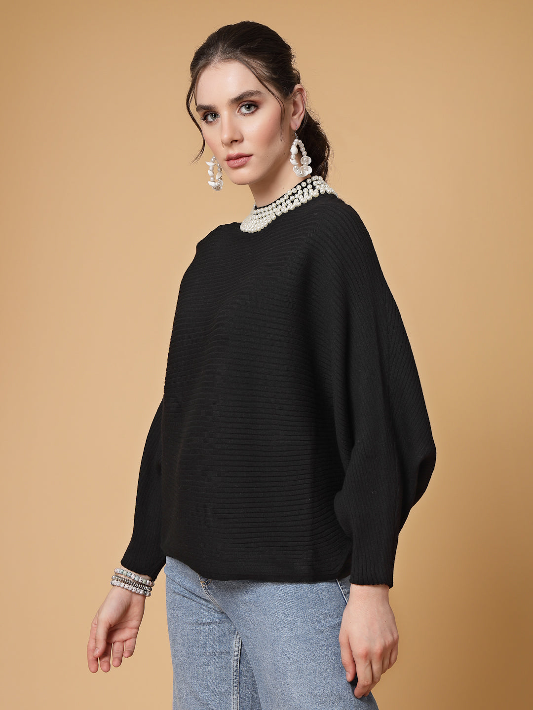 Mafadeny Women Winter Wear Black Pullover with Pearl Detail