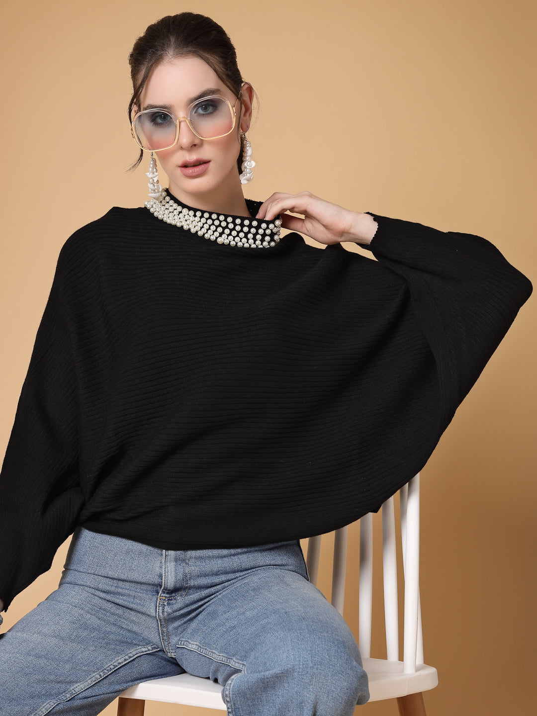 Mafadeny Women Winter Wear Black Pullover with Pearl Detail