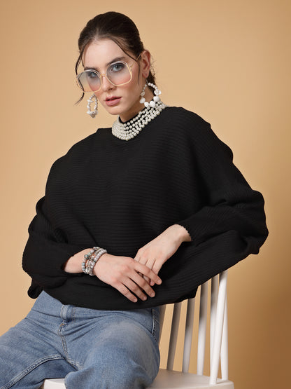 Mafadeny Women Winter Wear Black Pullover with Pearl Detail