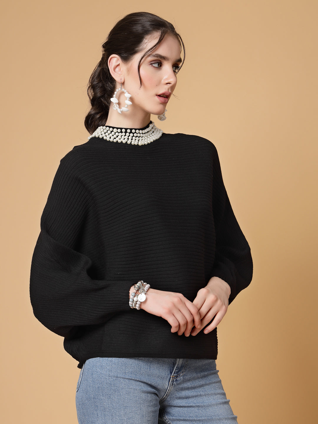 Mafadeny Women Winter Wear Black Pullover with Pearl Detail