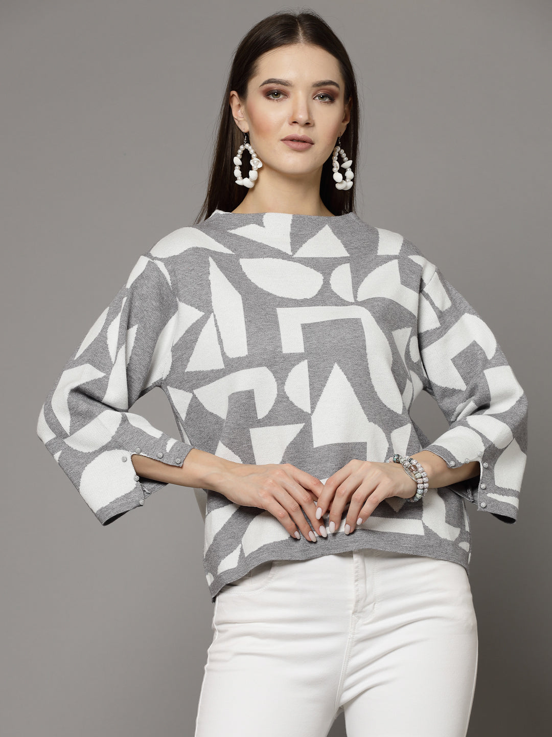 Mafadeny Women Winter Wear Grey & White Stylished Top