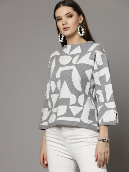 Mafadeny Women Winter Wear Grey & White Stylished Top