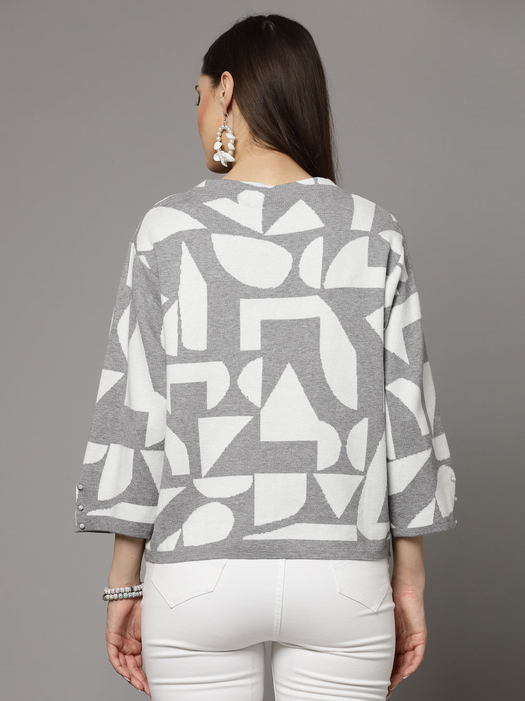 Mafadeny Women Winter Wear Grey & White Stylished Top