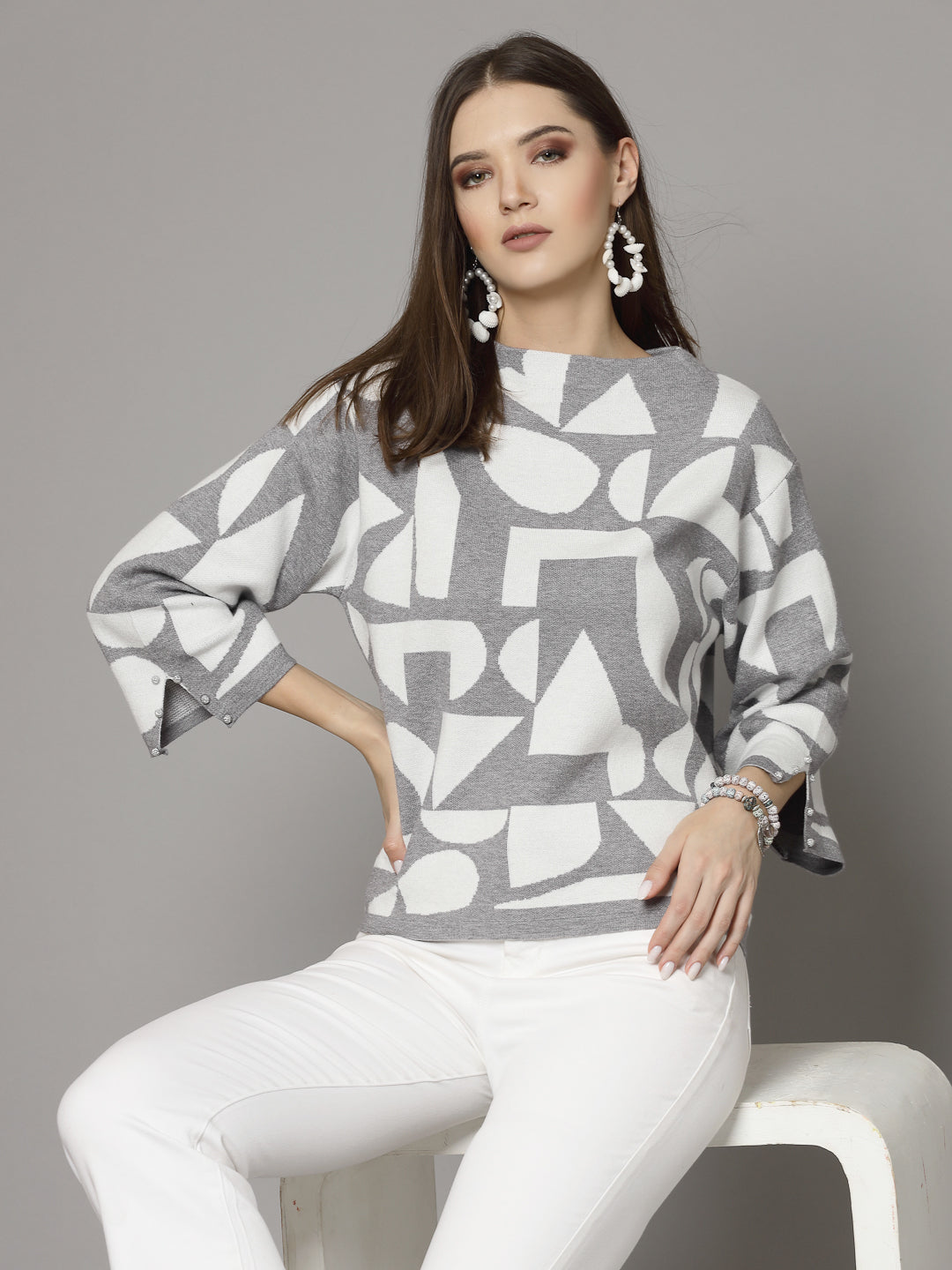 Mafadeny Women Winter Wear Grey & White Stylished Top