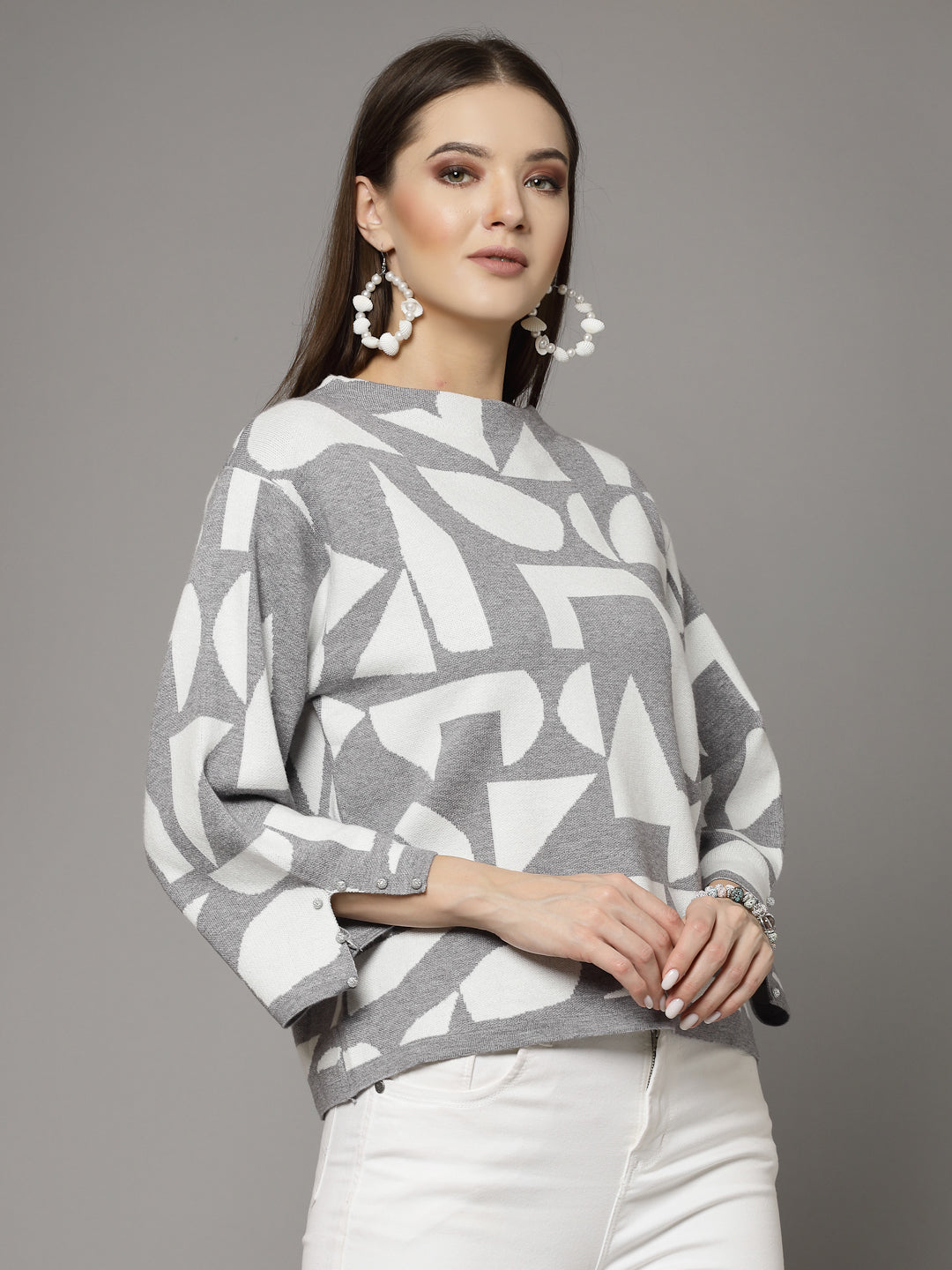 Mafadeny Women Winter Wear Grey & White Stylished Top