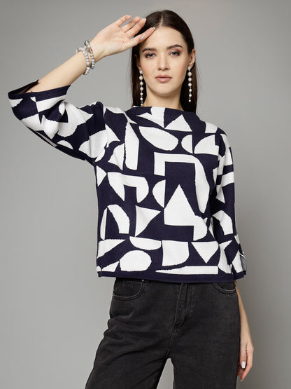 Mafadeny Women Winter Wear Navy Blue & White Stylished Top