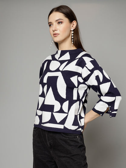 Mafadeny Women Winter Wear Navy Blue & White Stylished Top