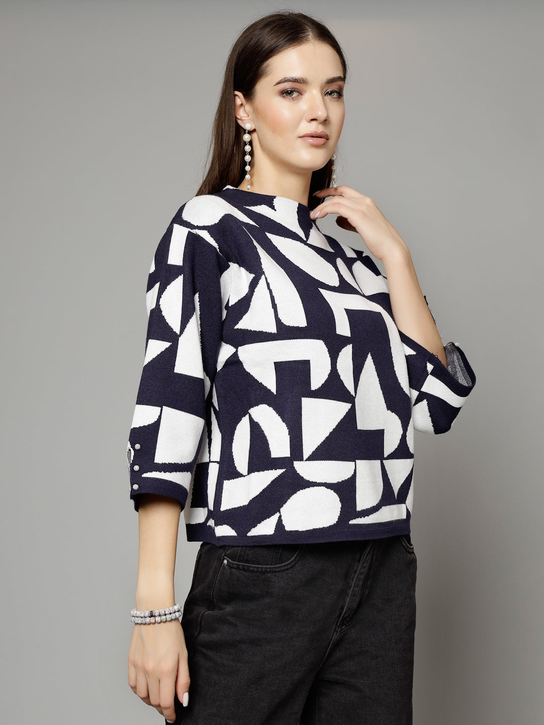 Mafadeny Women Winter Wear Navy Blue & White Stylished Top