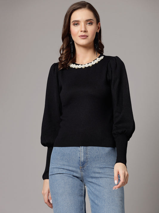 Mafadeny Women Winter Wear Black Top Embellished Details