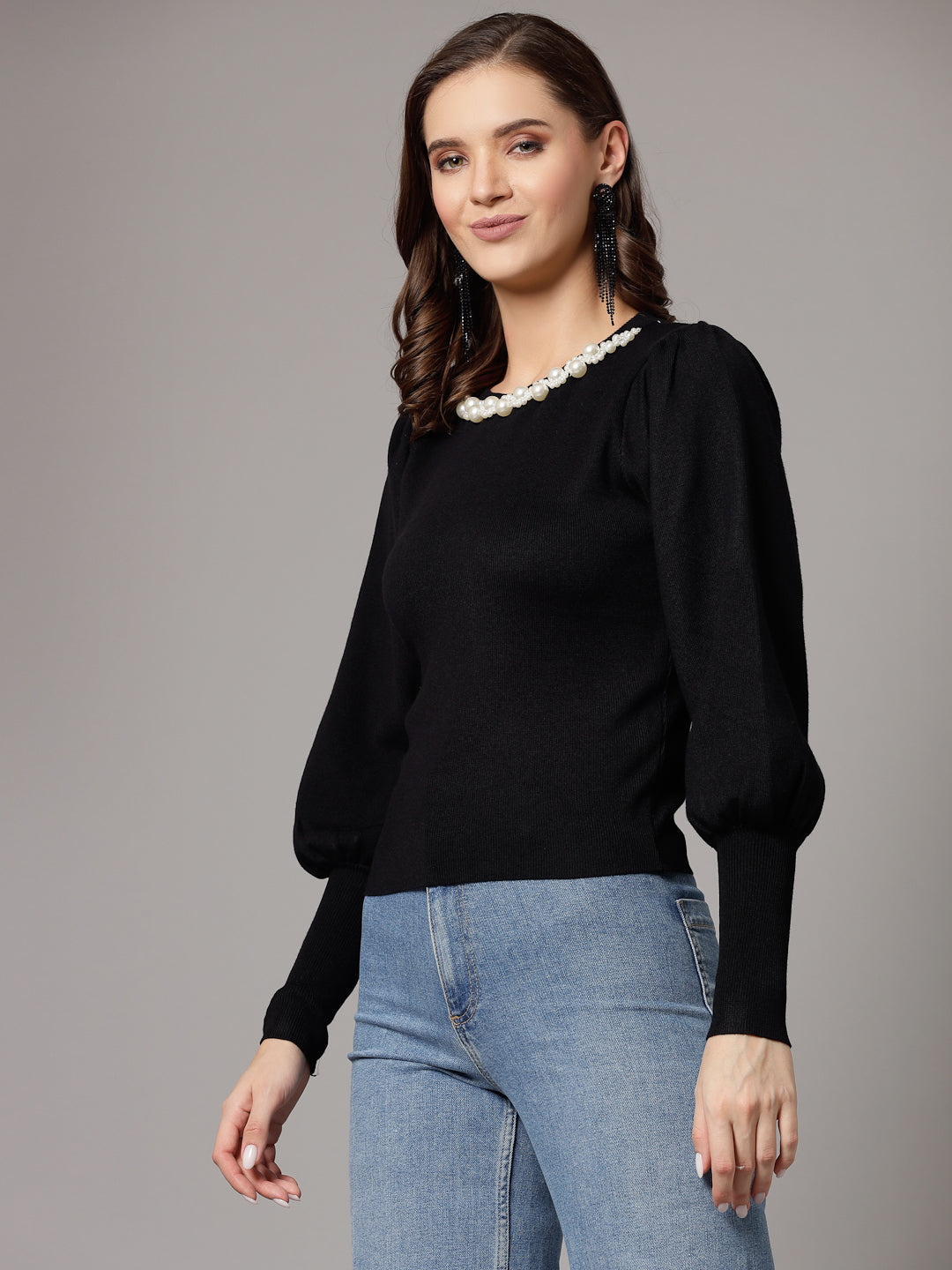 Mafadeny Women Winter Wear Black Top Embellished Details