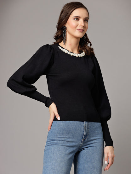 Mafadeny Women Winter Wear Black Top Embellished Details