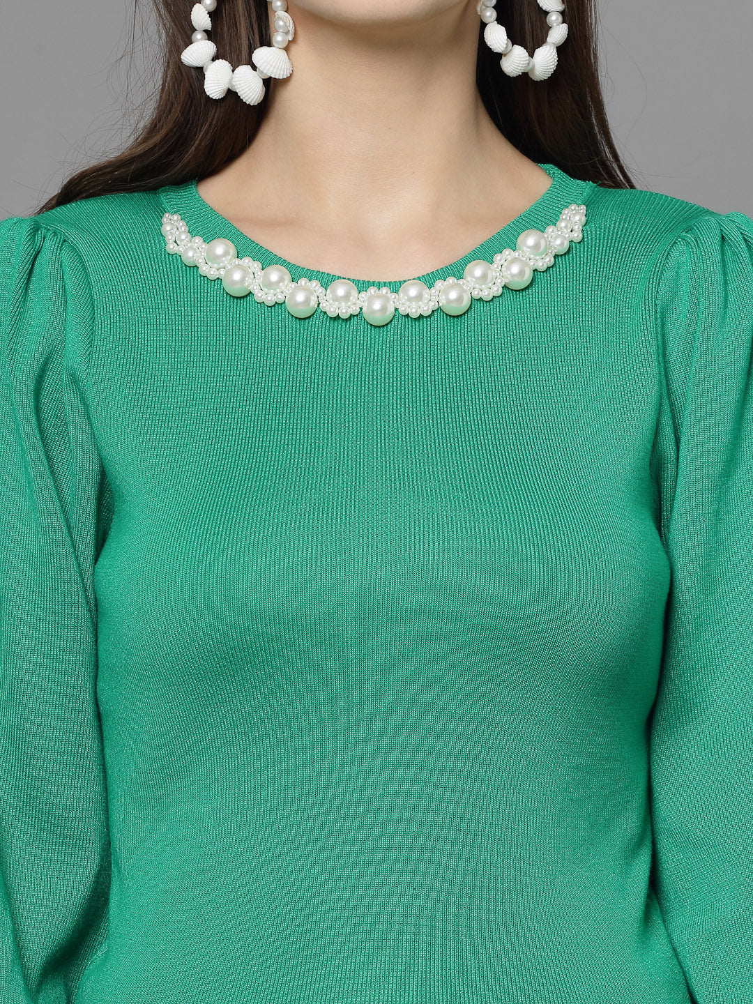 Mafadeny Women Winter Wear Green Top Embellished Details