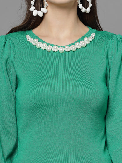 Mafadeny Women Winter Wear Green Top Embellished Details