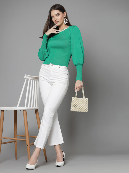 Mafadeny Women Winter Wear Green Top Embellished Details