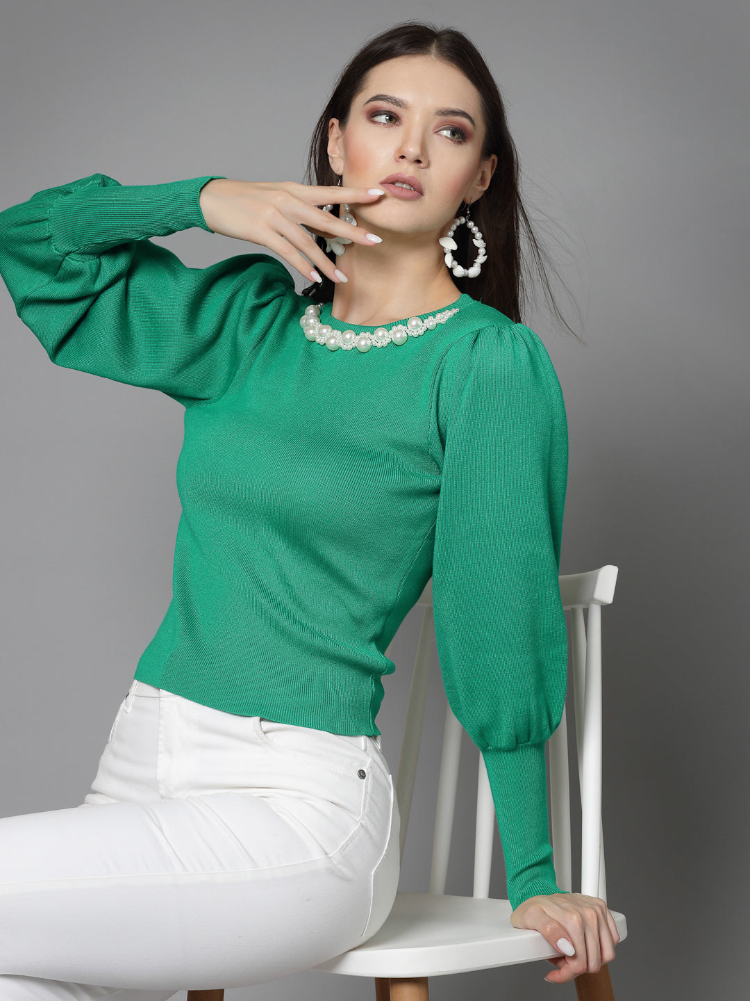 Mafadeny Women Winter Wear Green Top Embellished Details