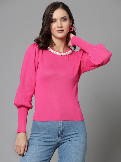 Mafadeny Women Winter Wear Pink Top Embellished Details