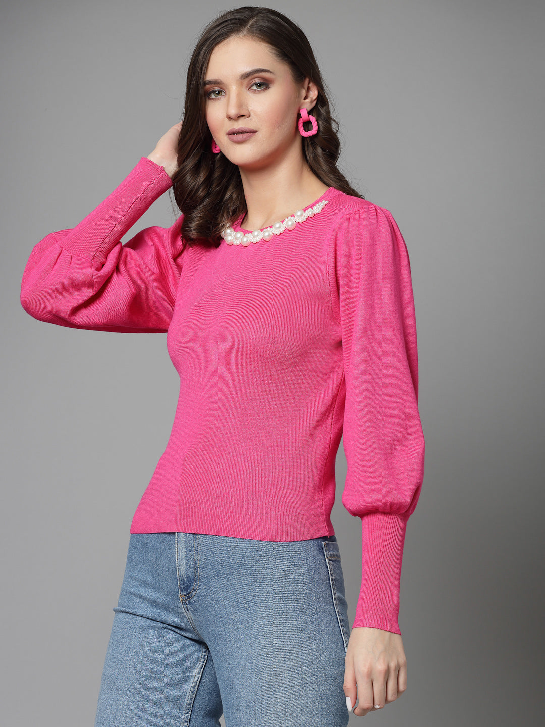 Mafadeny Women Winter Wear Pink Top Embellished Details