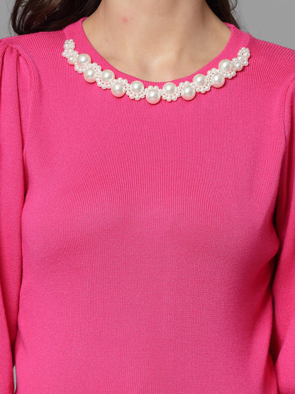 Mafadeny Women Winter Wear Pink Top Embellished Details