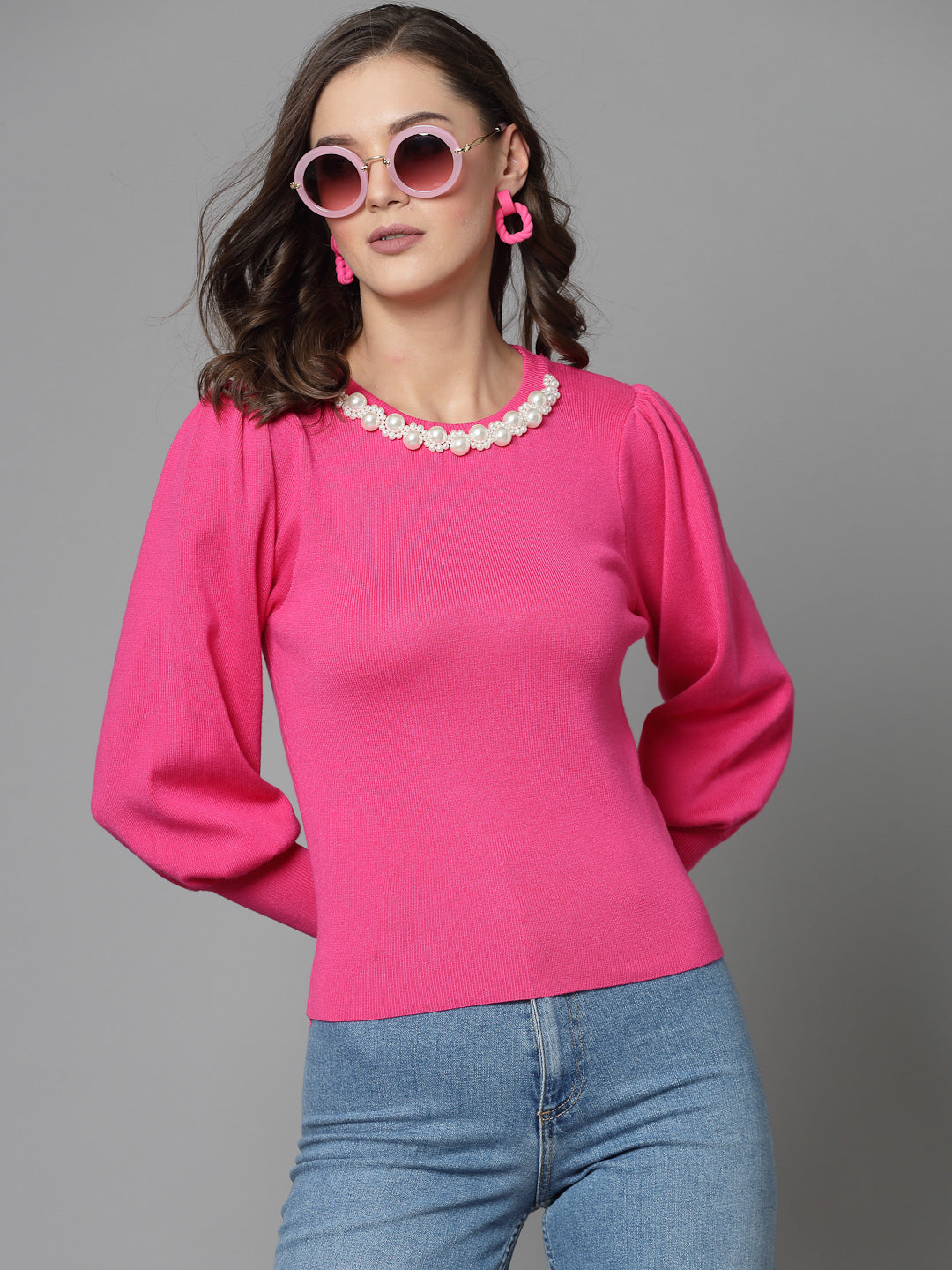 Mafadeny Women Winter Wear Pink Top Embellished Details