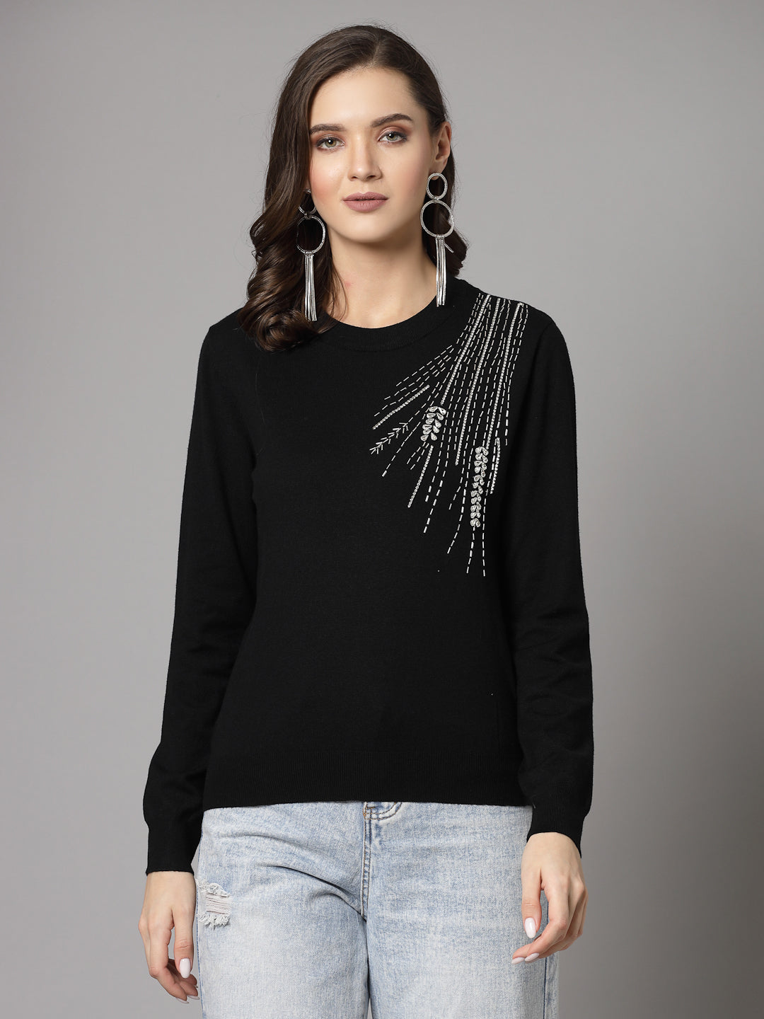 Mafadeny Women Winter Wear Black Stylished & Cosy  Embellished Top