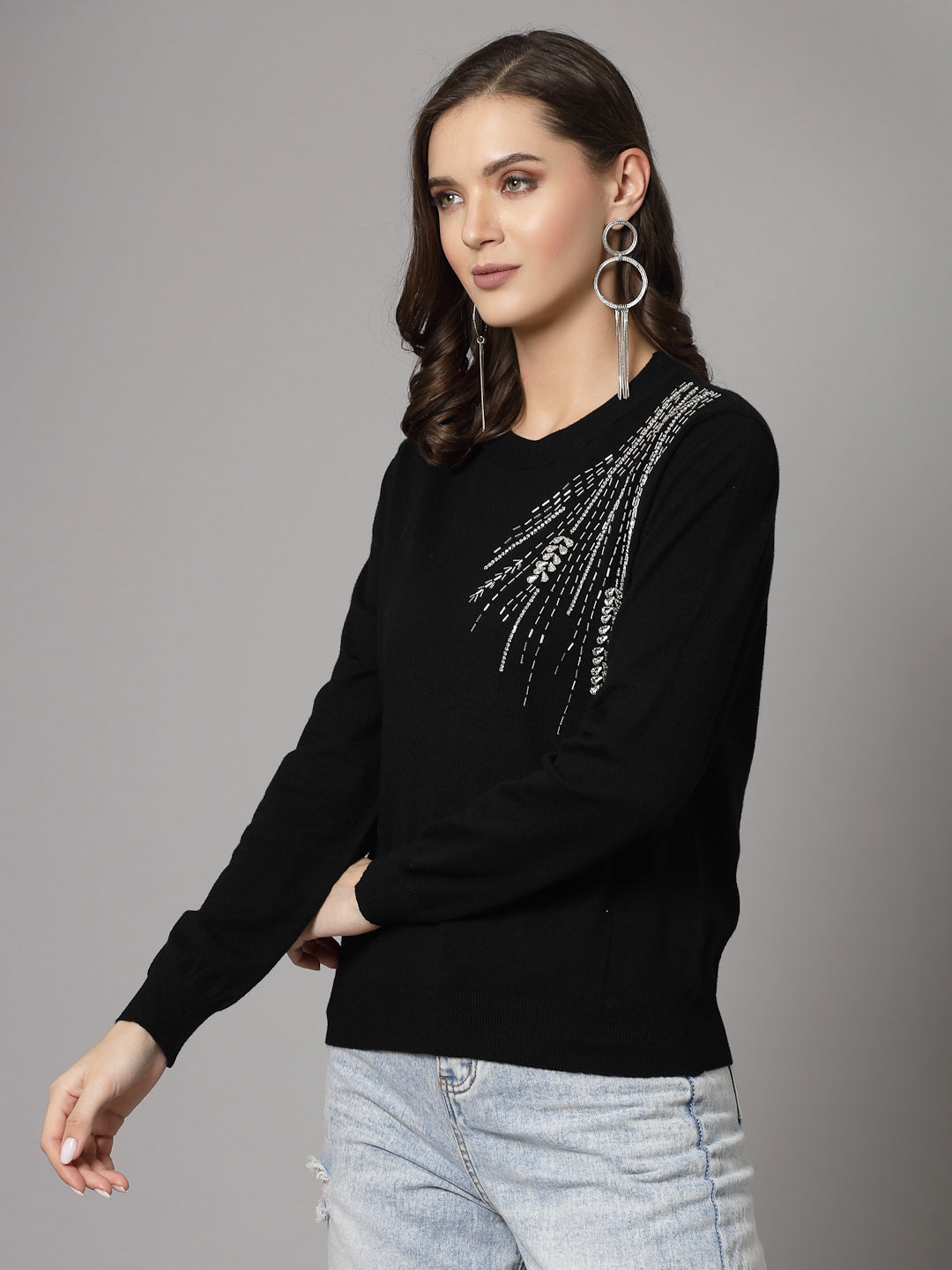 Mafadeny Women Winter Wear Black Stylished & Cosy  Embellished Top