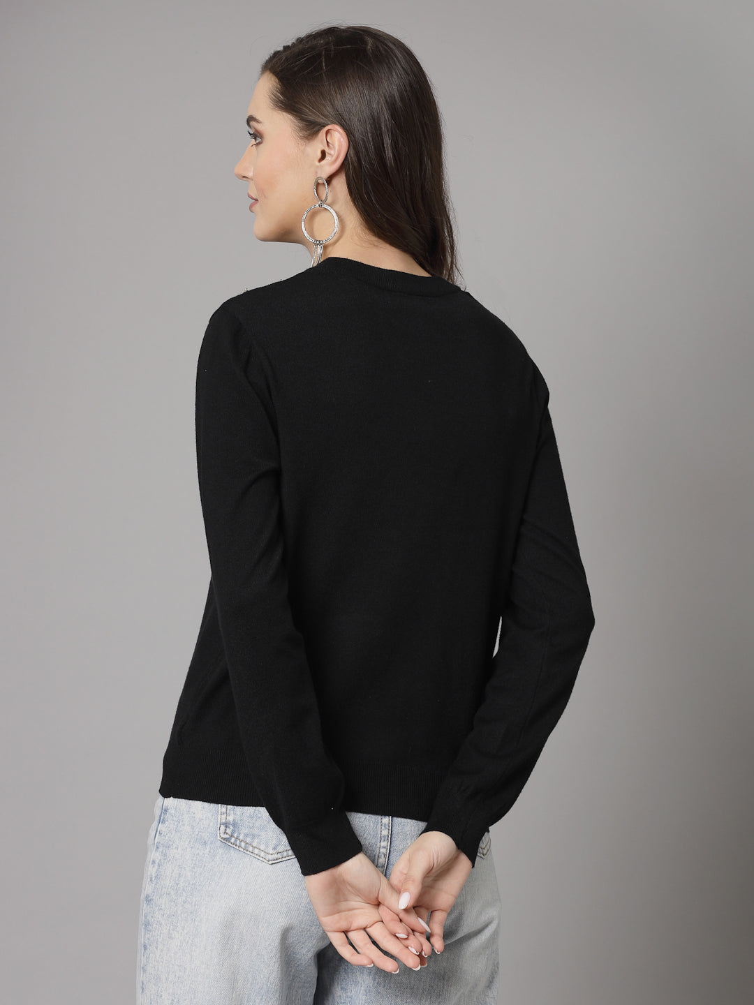 Mafadeny Women Winter Wear Black Stylished & Cosy  Embellished Top