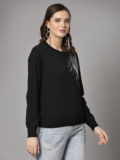 Mafadeny Women Winter Wear Black Stylished & Cosy  Embellished Top