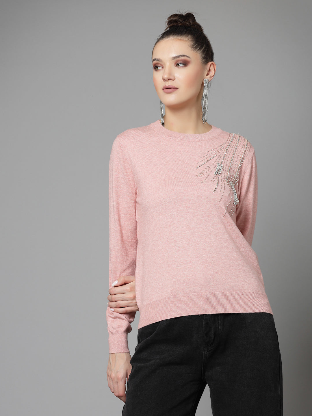 Mafadeny Women Winter Wear Peach Stylished & Cosy  Embellished Top