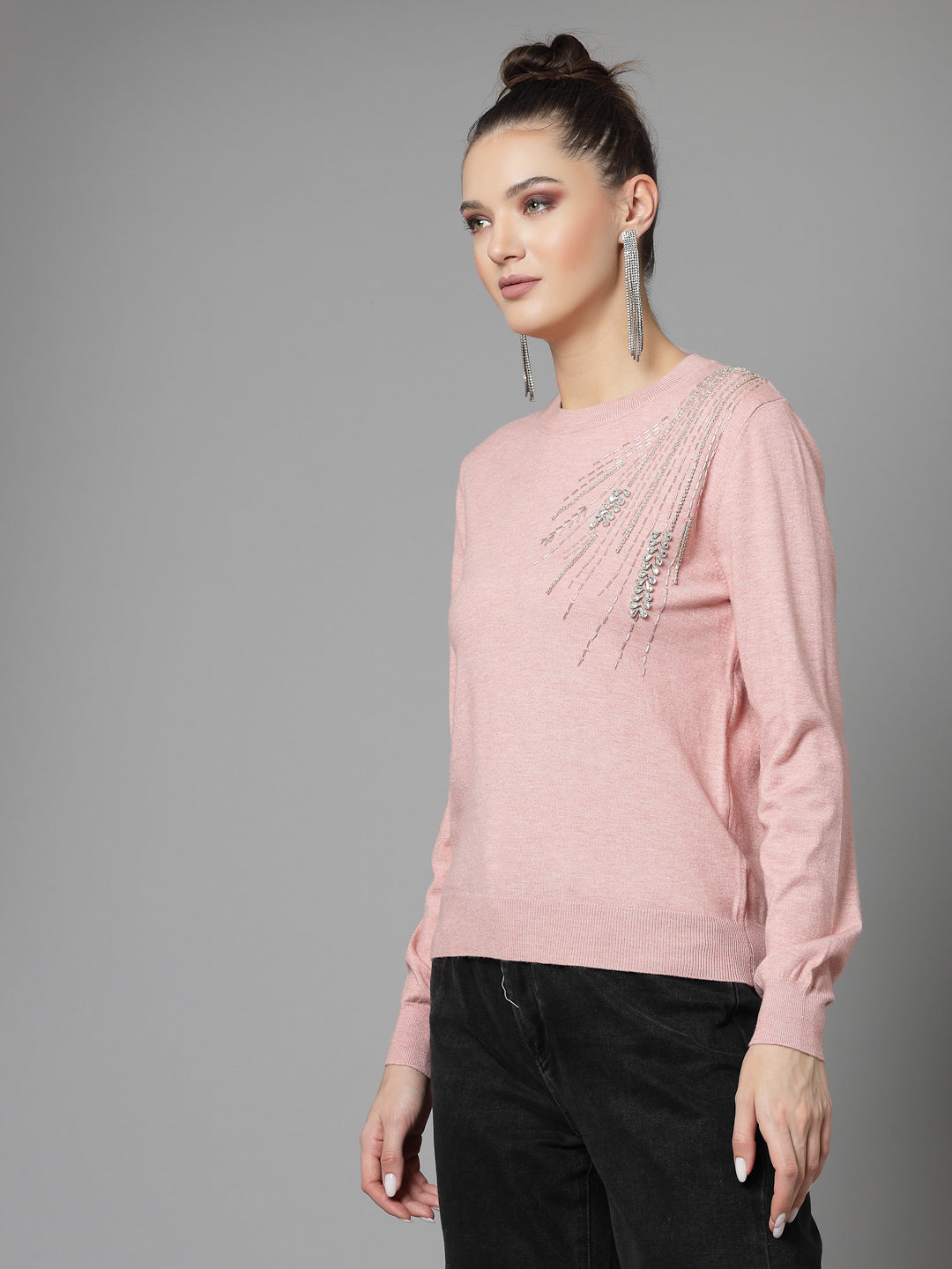 Mafadeny Women Winter Wear Peach Stylished & Cosy  Embellished Top