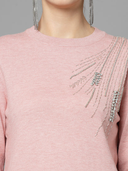 Mafadeny Women Winter Wear Peach Stylished & Cosy  Embellished Top