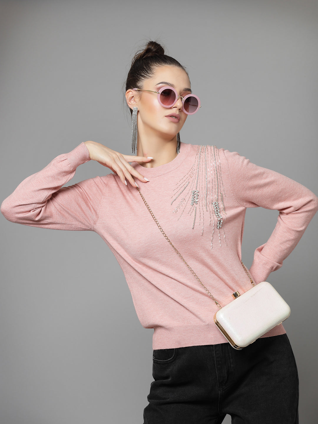 Mafadeny Women Winter Wear Peach Stylished & Cosy  Embellished Top