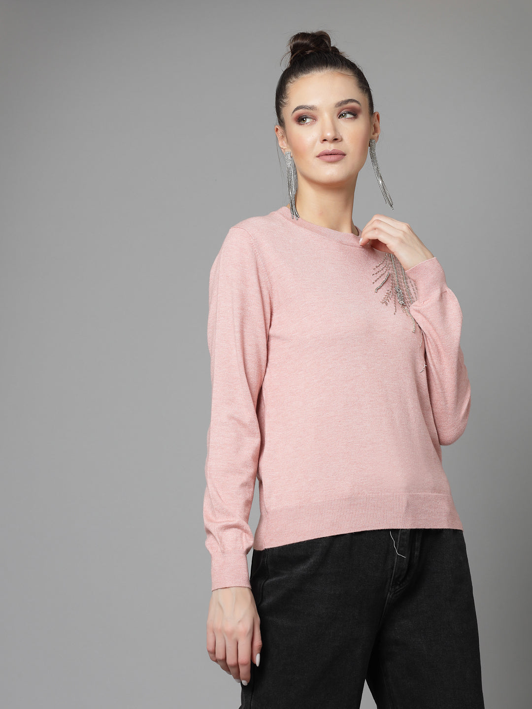 Mafadeny Women Winter Wear Peach Stylished & Cosy  Embellished Top