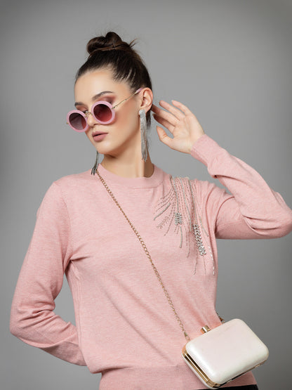 Mafadeny Women Winter Wear Peach Stylished & Cosy  Embellished Top