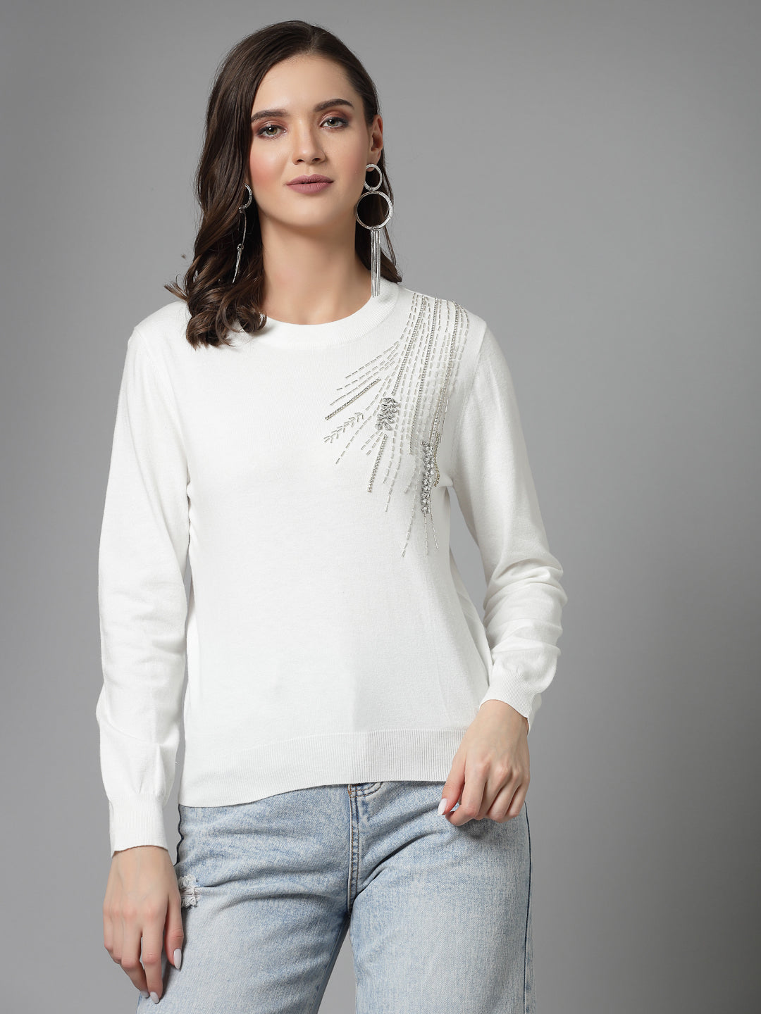 Mafadeny Women Winter Wear White Stylished & Cosy  Embellished Top