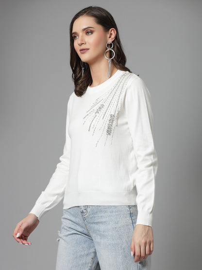 Mafadeny Women Winter Wear White Stylished & Cosy  Embellished Top