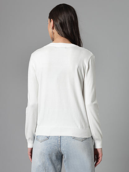 Mafadeny Women Winter Wear White Stylished & Cosy  Embellished Top