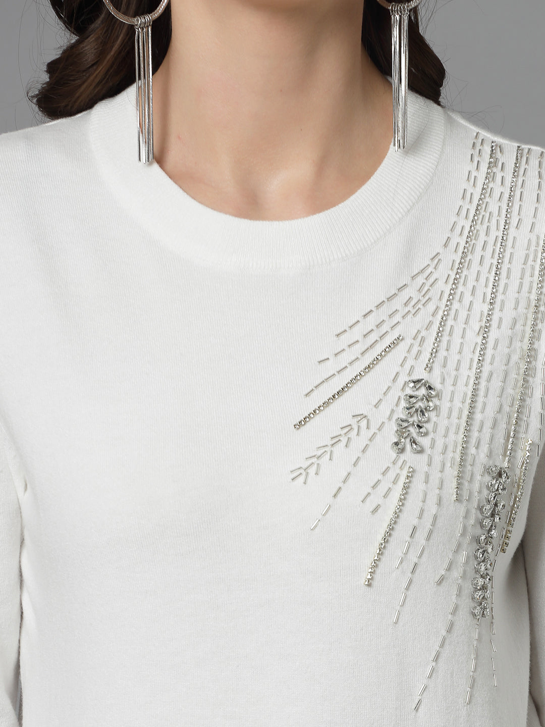 Mafadeny Women Winter Wear White Stylished & Cosy  Embellished Top