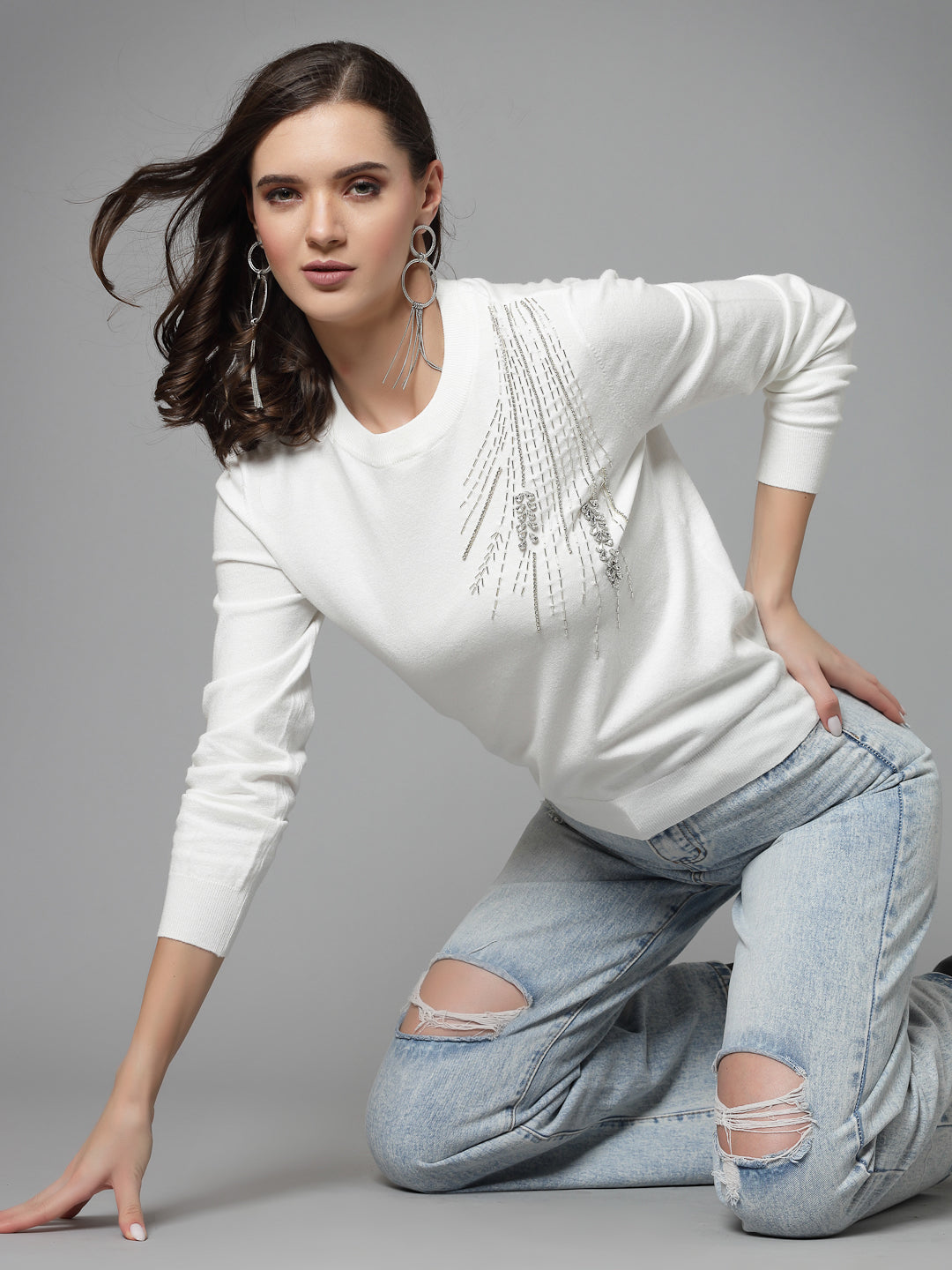 Mafadeny Women Winter Wear White Stylished & Cosy  Embellished Top