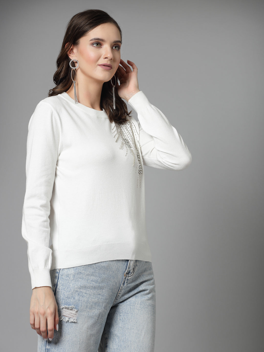 Mafadeny Women Winter Wear White Stylished & Cosy  Embellished Top