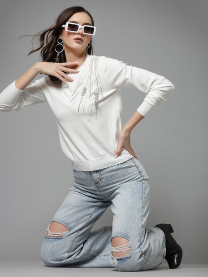 Mafadeny Women Winter Wear White Stylished & Cosy  Embellished Top