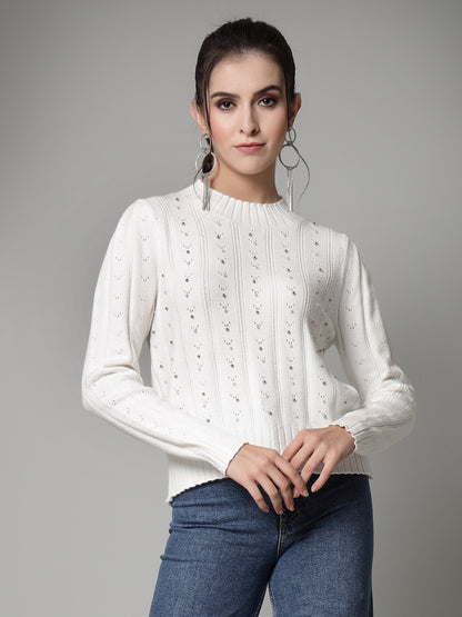 Mafadeny Women Winter Wear Cream Pullover with Embellished Detail