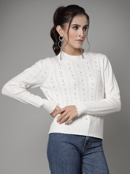 Mafadeny Women Winter Wear Cream Pullover with Embellished Detail