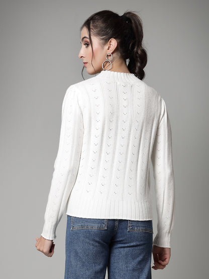 Mafadeny Women Winter Wear Cream Pullover with Embellished Detail