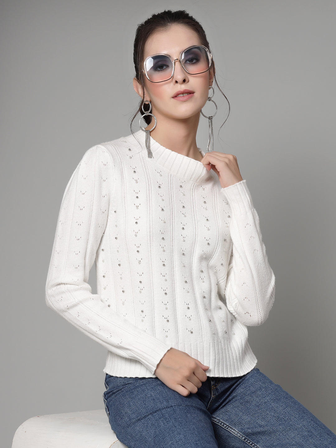 Mafadeny Women Winter Wear Cream Pullover with Embellished Detail