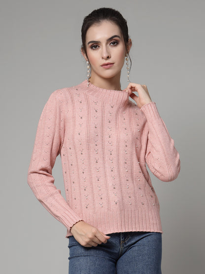 Mafadeny Women Winter Wear Peach Pullover with Embellished Detail